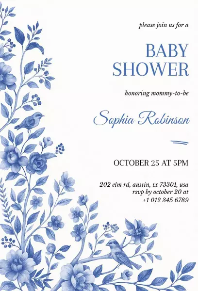 Charming Blue Floral Baby Shower Celebration Invitation Template