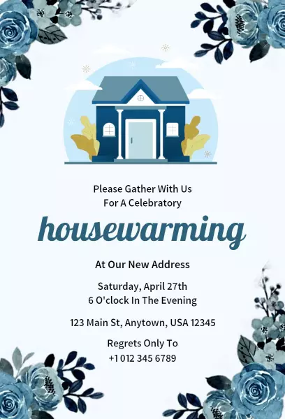 Charming Blue Floral Housewarming Celebration Invitation Template