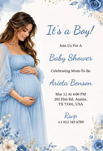 Charming Blue Floral It's a Boy Baby Shower Invitation Template