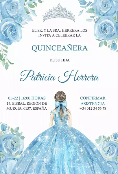 Charming Blue Floral Quinceanera Celebration Invitation Template