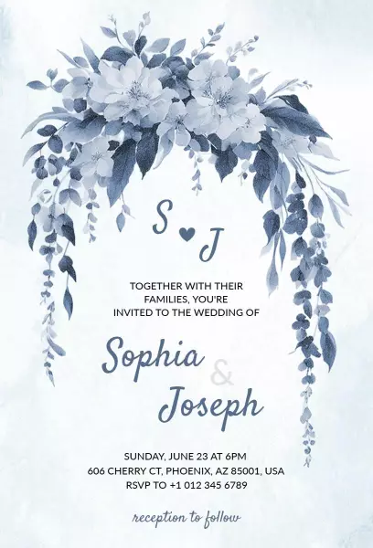 Charming Blue Floral Wedding Celebration Invitation Template