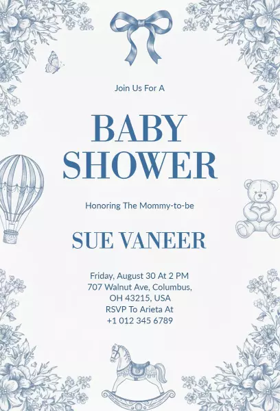 Charming Blue Illustration Baby Shower Celebration Invitation Template