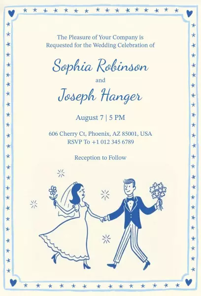 Charming Blue Illustrative Wedding Celebration Invitation Template