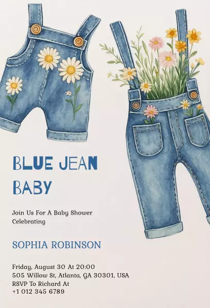 Charming Blue Jean Baby Shower Celebration Invitation Template