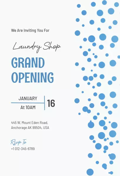 Charming Blue Laundry Shop Grand Opening Invitation Template