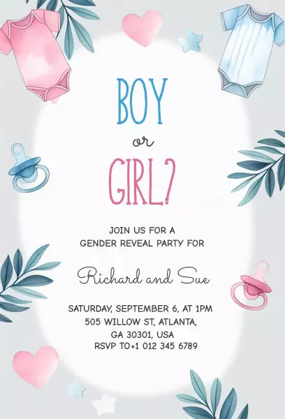 Charming Blue Pink Theme Gender Reveal Party Invitation Template