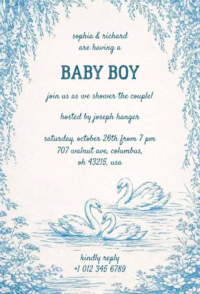 Charming Blue Swan Design Baby Shower Celebration Invitation Template