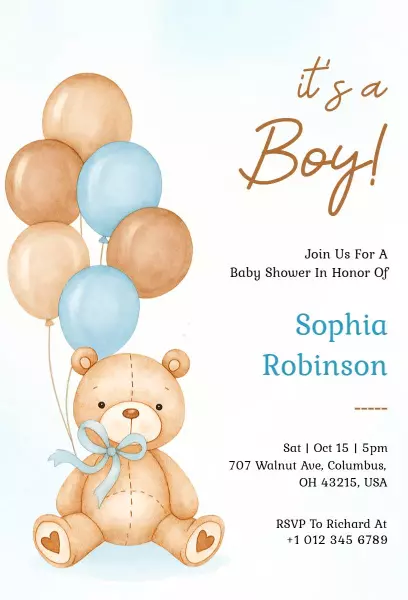Charming Blue Teddy Bear Baby Shower Celebration Invitation Template