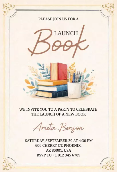 Charming Book Launch New Novel Celebration Invitation Template