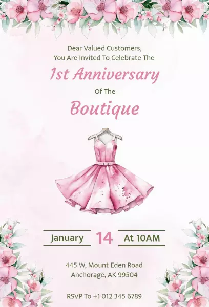 Charming Boutique First Anniversary Celebration Invitation Template