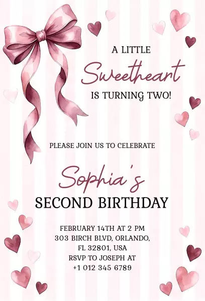 Charming Bow Sweetheart Second Birthday Invitation Template