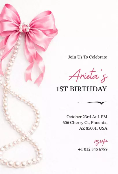 Charming Bow Theme 1st Birthday Celebration Invitation Template