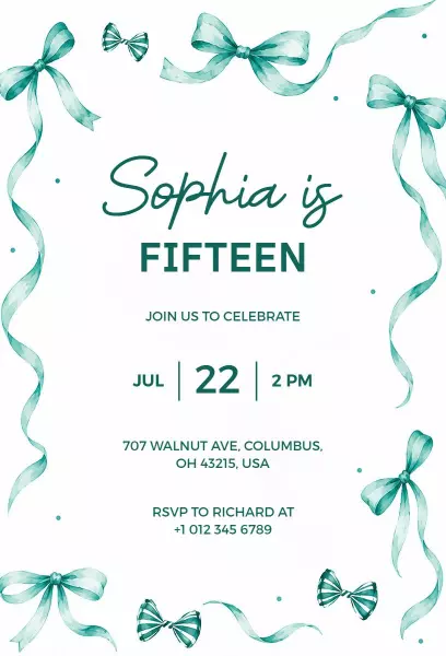 Charming Bow Theme Fifteen Birthday Celebration Invitation Template