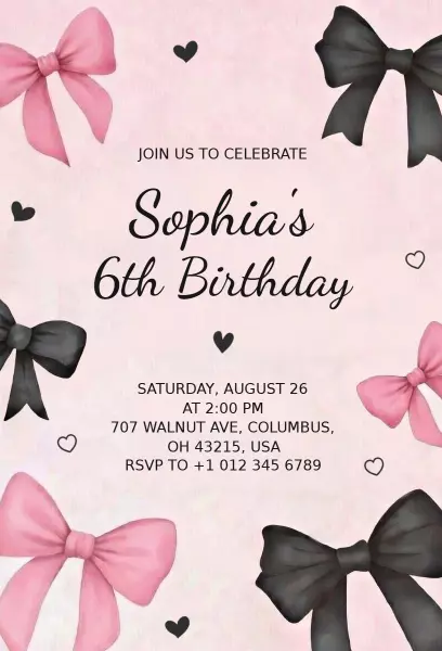 Charming Bow Themed Sixth Birthday Celebration Invitation Template