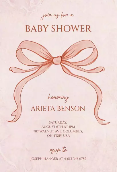 Charming Bows Pink Watercolor Baby Shower Invitation Template