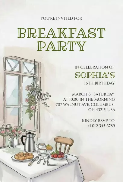 Charming Breakfast Celebration for Sophia's 16th Party Invitation Template