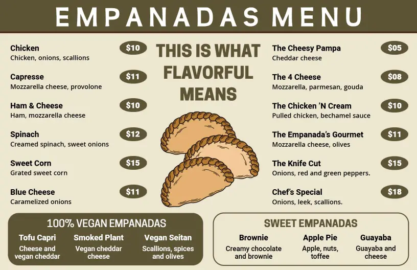 Charming Brown and Beige Empanadas Variety Menu Template