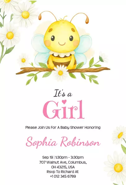 Charming Bumblebee Theme Girl Baby Shower Invitation Template