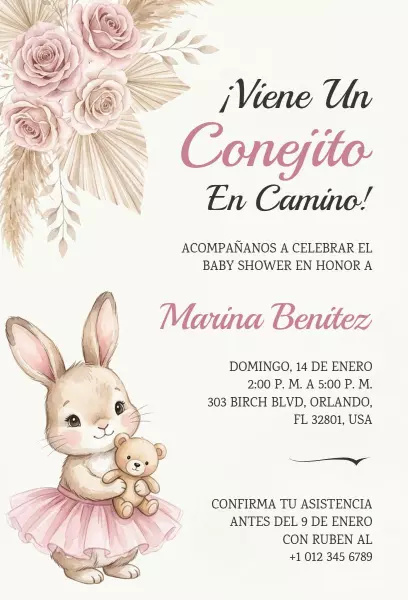 Charming Bunny Baby Shower Floral Celebration Invitation Template