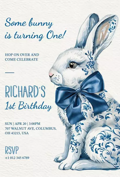 Charming Bunny Blue Floral One Year Birthday Invitation Template