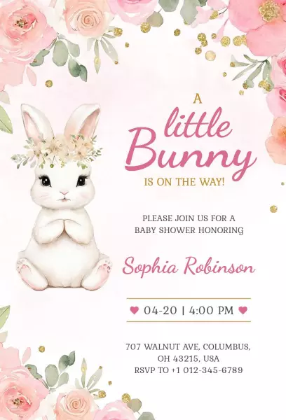 Charming Bunny Floral Baby Shower Celebration Invitation Template