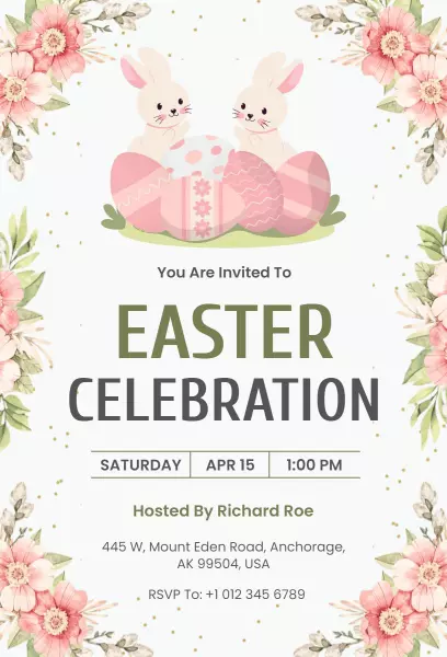 Charming Bunny Floral Easter Celebration Invitation Template
