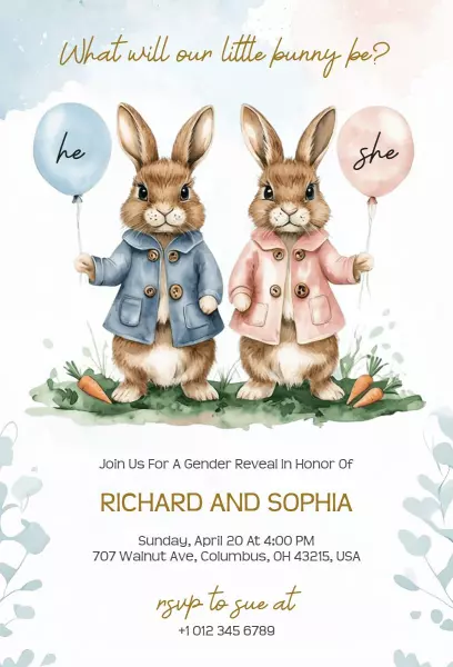 Charming Bunny Gender Reveal Easter Celebration Invitation Template