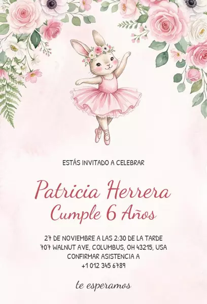Charming Bunny Theme 6th Birthday Celebration Invitation Template
