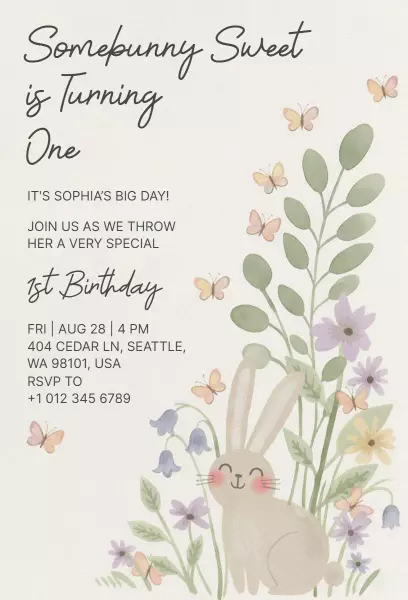 Charming Bunny Theme First Birthday Celebration Invitation Template