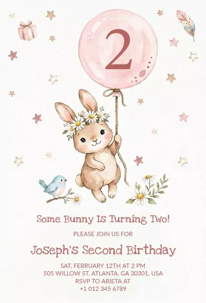 Charming Bunny Theme Second Birthday Celebration Invitation Template