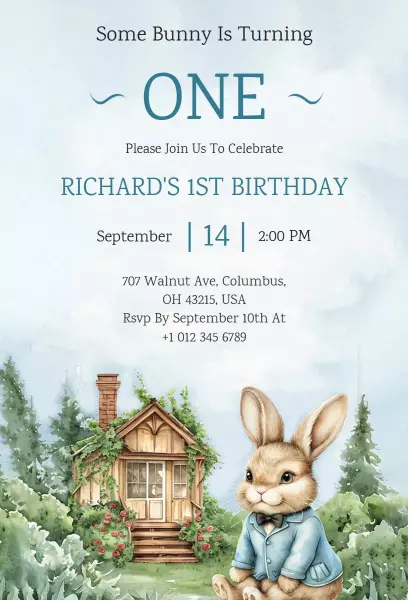 Charming Bunny Themed First Birthday Celebration Invitation Template