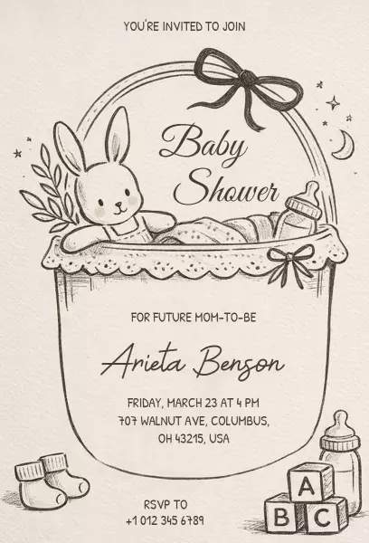 Charming Bunny-Themed Nursery & Toys Baby Shower Invitation Template