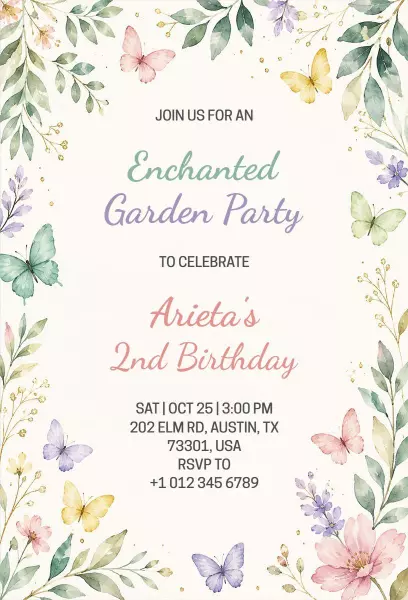 Charming Butterfly Enchanted Garden Birthday Invitation Template