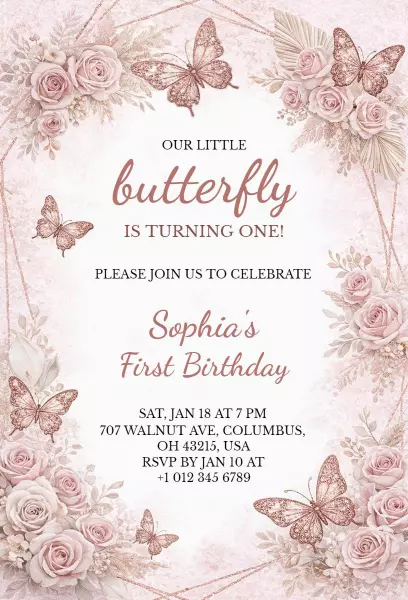 Charming Butterfly First Birthday Celebration Invitation Template