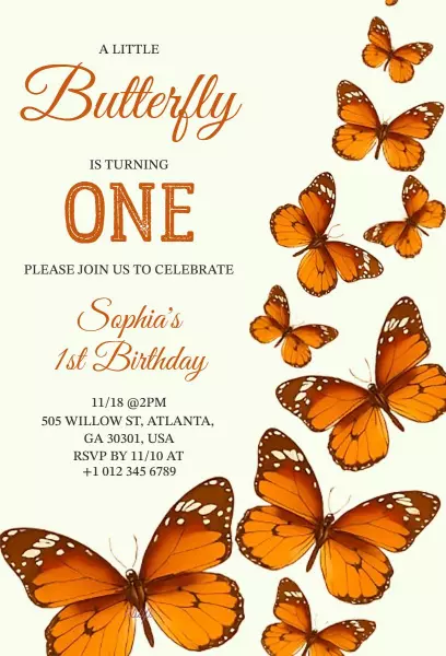 Charming Butterfly One Year Birthday Celebration Invitation Template