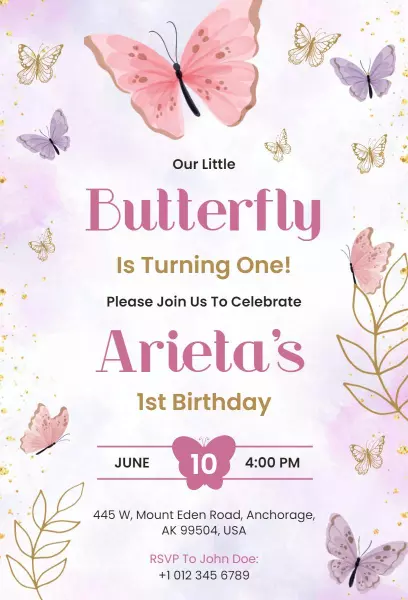 Charming Butterfly Theme First Birthday Celebration Invitation Template