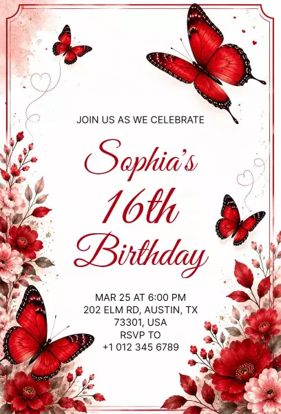 Charming Butterfly Themed 16th Birthday Celebration Invitation Template