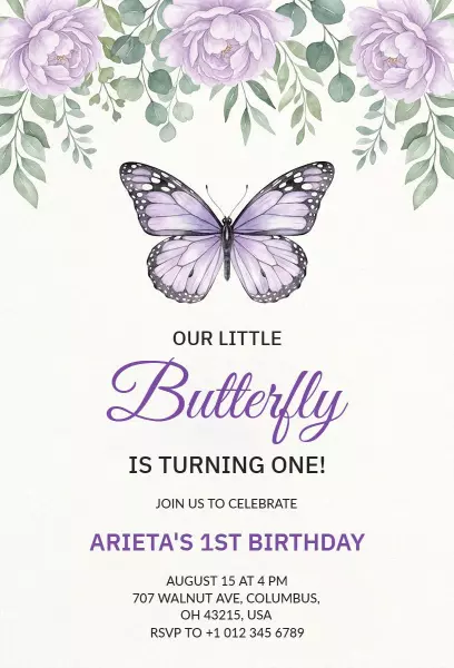 Charming Butterfly-Themed First Birthday Celebration Invitation Template