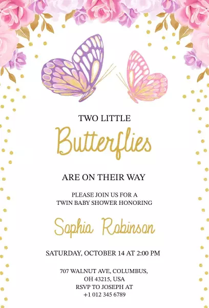 Charming Butterfly Twin Baby Shower Celebration Invitation Template