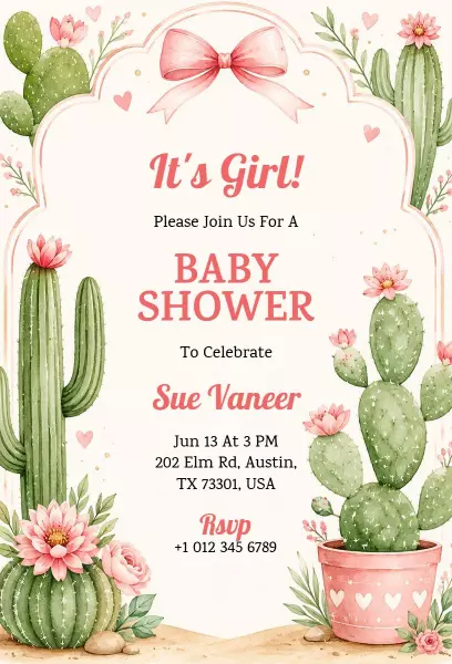 Charming Cactus Floral It's a Girl Baby Shower Invitation Template