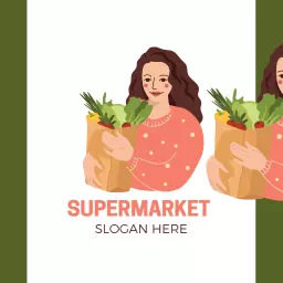 Charming Cartoon Woman Holding Fresh Produce in Supermarket Logo Template