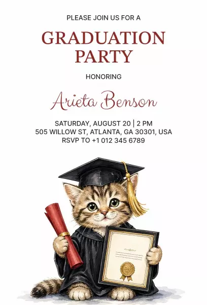 Charming Cat Graduate Celebration Graduation Invitation Template