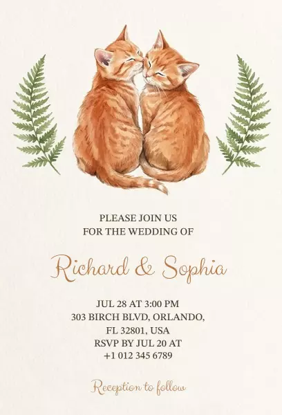 Charming Cat Themed Romantic Wedding Invitation Template