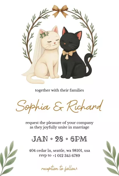 Charming Cat-Themed Wedding Ceremony Invitation Template