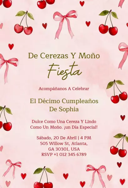 Charming Cherry Pink 10th Birthday Celebration Invitation Template