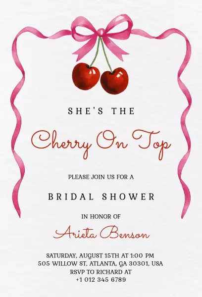 Charming Cherry Theme Bridal Shower Celebration Invitation Template