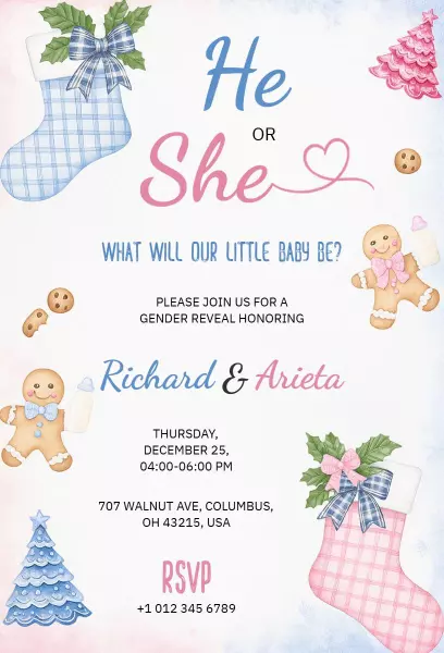 Charming Christmas Themed Gender Reveal Celebration Invitation Template