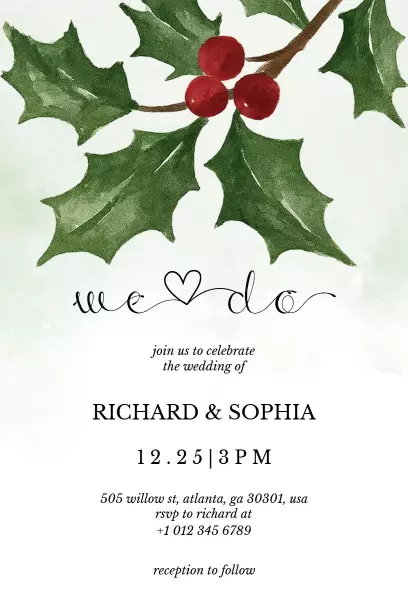 Charming Christmas Wedding Celebration Holly Invitation Template
