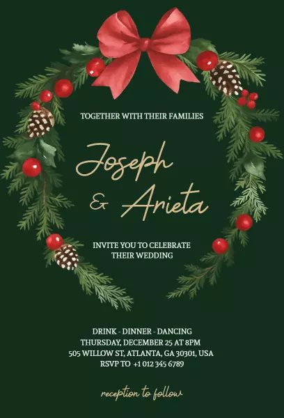 Charming Christmas Wedding Celebration Holly Wreath Invitation Template