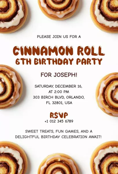 Charming Cinnamon Roll 6th Birthday Celebration Invitation Template
